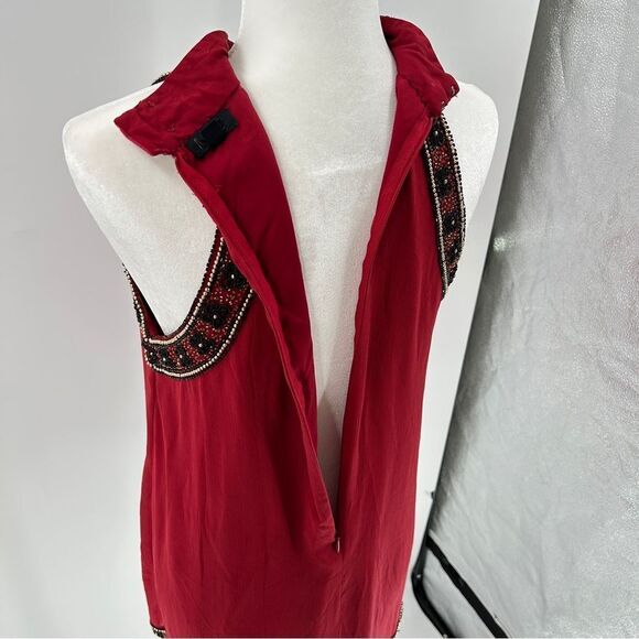 NBD Red Floral Black Gold Beaded Halter Cocktail Mini Dress Size Large - Picture 5 of 12